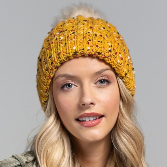 🆕 Mustard & Multicolor Confetti Knit Beanie w/ Faux Fur Pom-Pom 🆕 - Picture 2 of 7